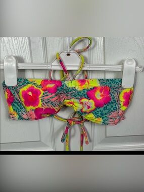 OP Floral Bikini Top Strapless Bandeau Neon Tropical Swim L